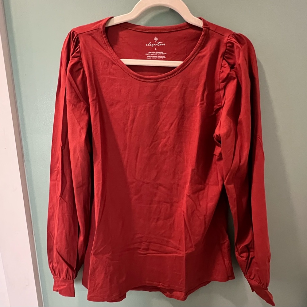 Elegantees Ashleigh Puff-sleeve Long-sleeve tee, Large, Rust/Sienna color